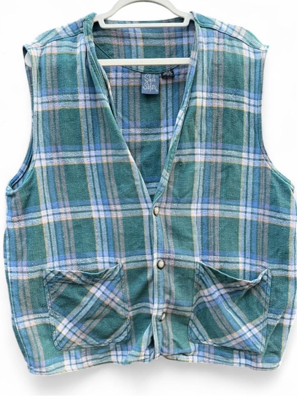 90s Shah Safari Plaid Vest | Green Blue Multicolor Cotton Flannel M